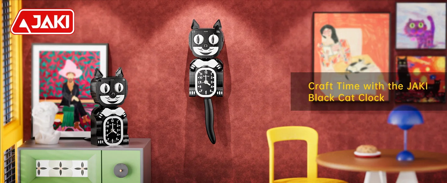 JAKI Classic Black Cat Clock Building Blocks Vintage Cartoon Brick Toy Retro Tail Wagging Desktop Decor Gift