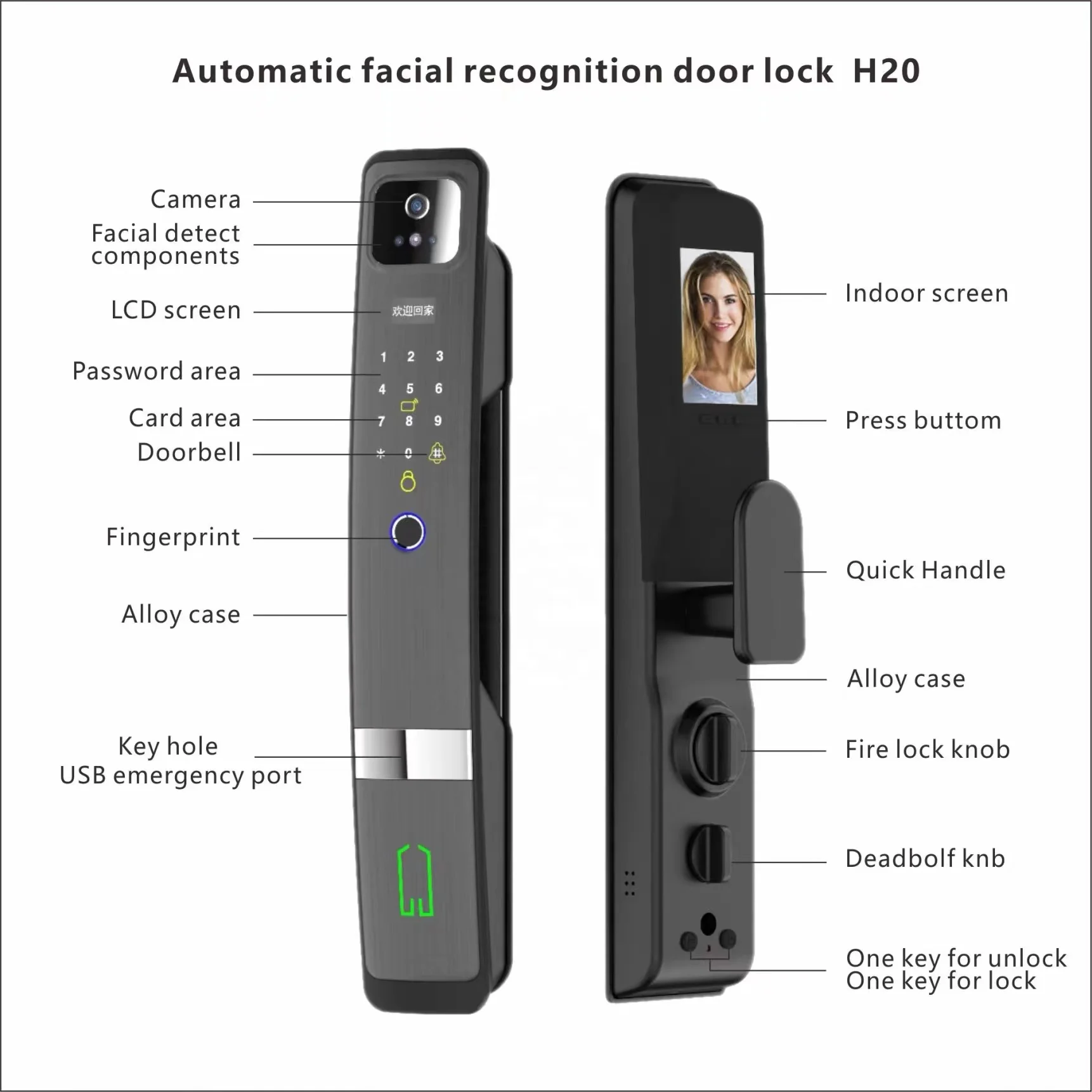 BBDHOME Electronic Tuya APP Camera 3D Face Recognition Screen Fingerprint Smart Door Lock With Camera