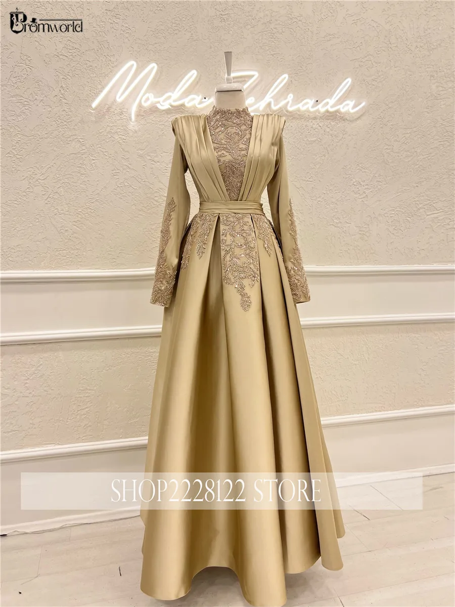 High Neck A-line Gold Formal Dress 2024 Lace Beaded Satin Dubai Arabic Evening Gowns with Full Sleeves Robes De Soirée