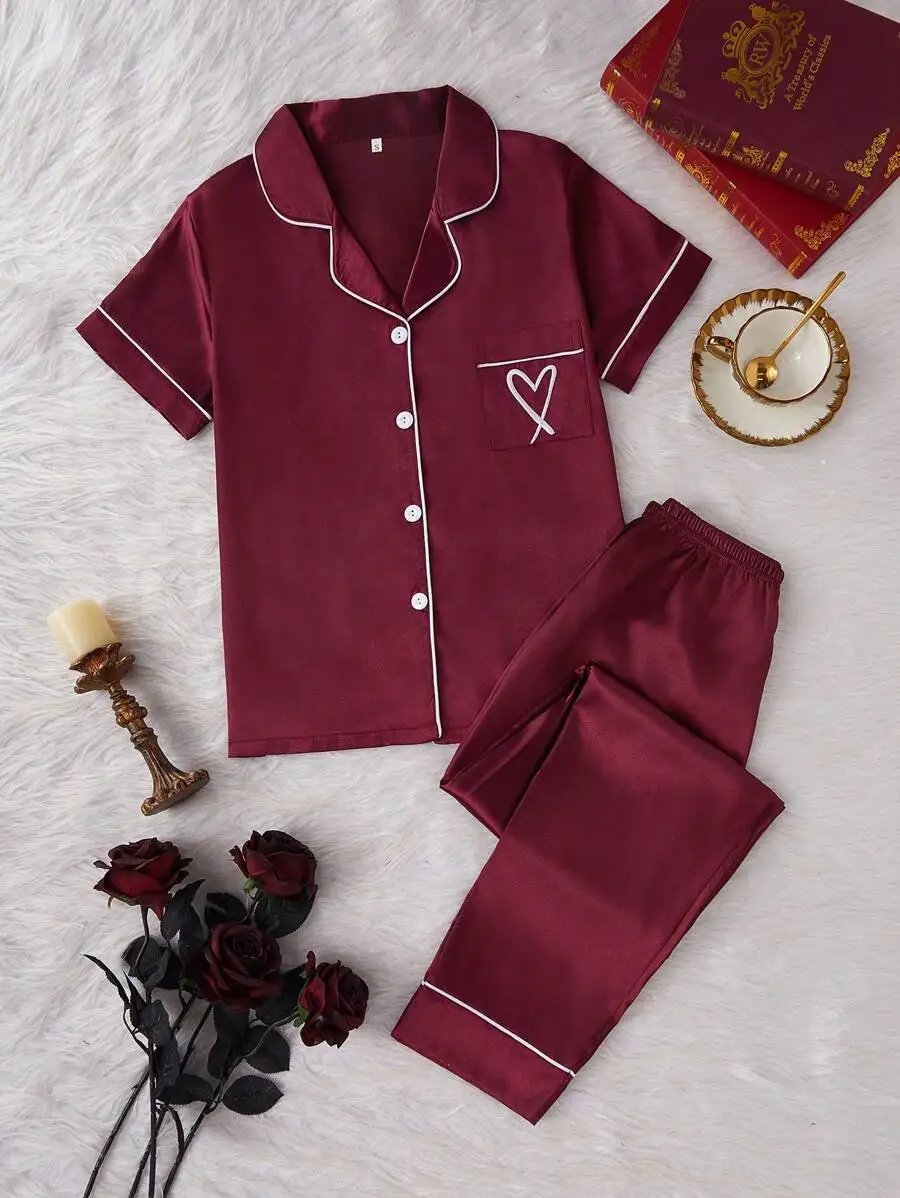 

Heart Embroidery Piping Trim Satin Pajama Set For Women