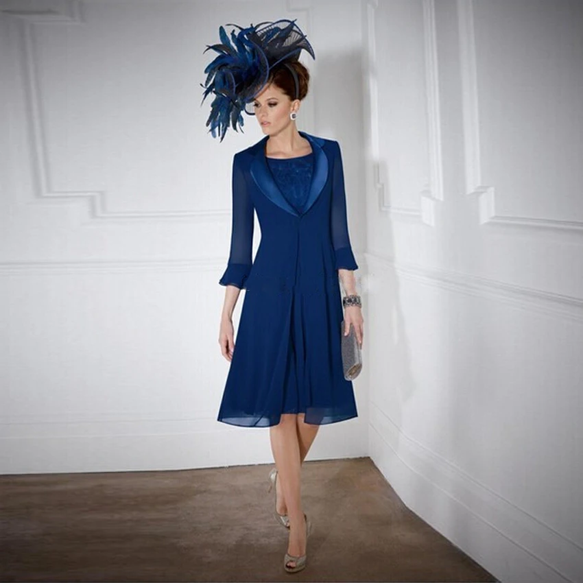 

Royal Blue Chiffon Mother Of The Bride Dresses Scoop Neck Sleeveless with Jacket Top Lace A Line Mother Party Dress