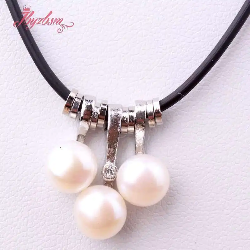 

Natural Freshwater Pearl Round Stone Beads Silver Plated Pendant Leather Necklace For Women Christmas New Year Gift 17 Inches