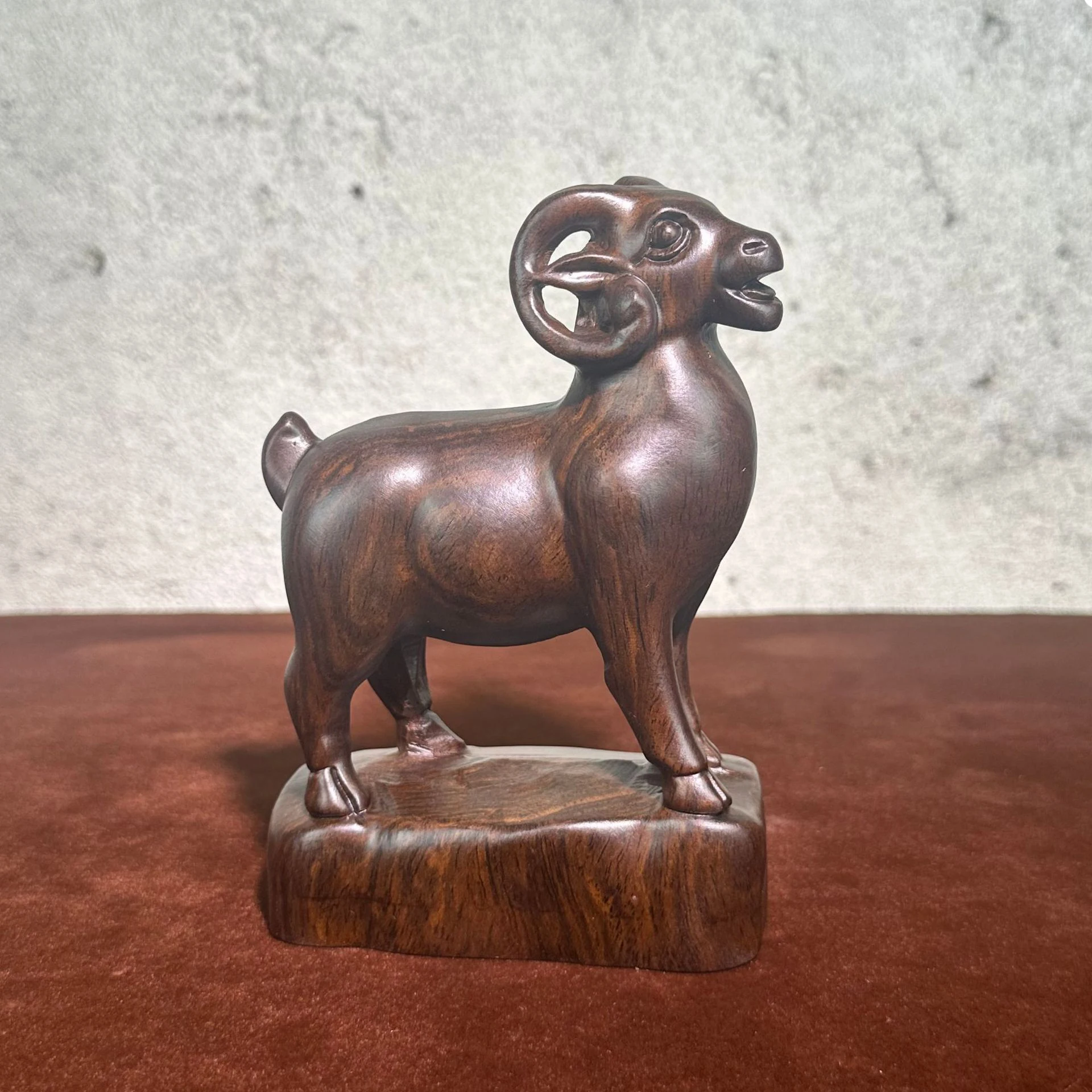 Ebony Wood Carved Lucky Goat Figurine The Twelve Zodiac Animal Sheep Auspicious Symbol-Three Rams Bring Prosperity
