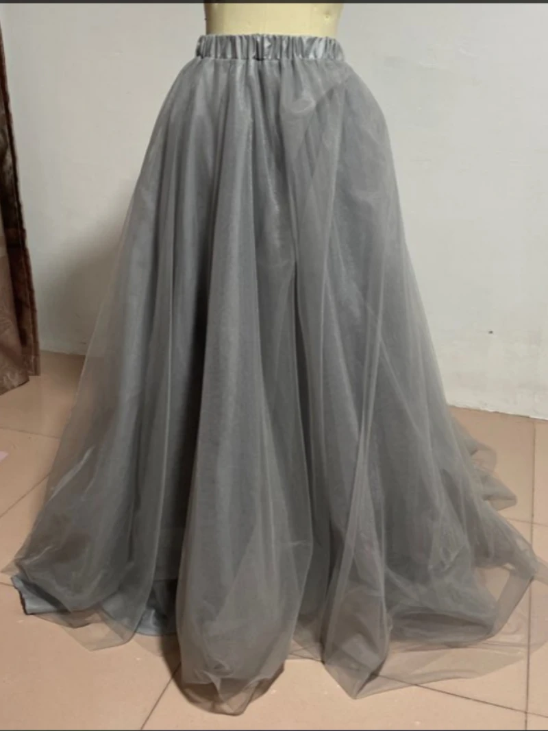 grey Skirts Tulle Skirt Women Court Train Tulle A-line Wedding Skirts Party Wear custom size