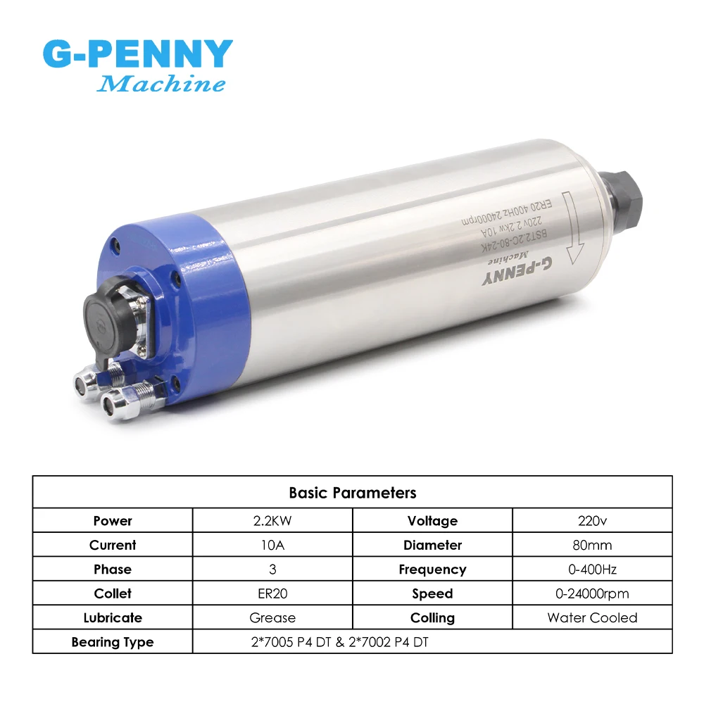 G-Penny New Arrival! 2.2kw ER20 D80 Water Cooled Spindle Bullet type 220v 380v Wood /Stone Working Water Cooling Spindle Motor