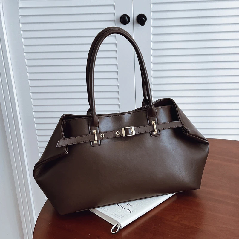 

Chic Pu Leather Tote Bag Gold Belt Buckle Design Handheld Shoulder Bag Casual Commute Bag Stylish Minimalist Women Daily Use Bag