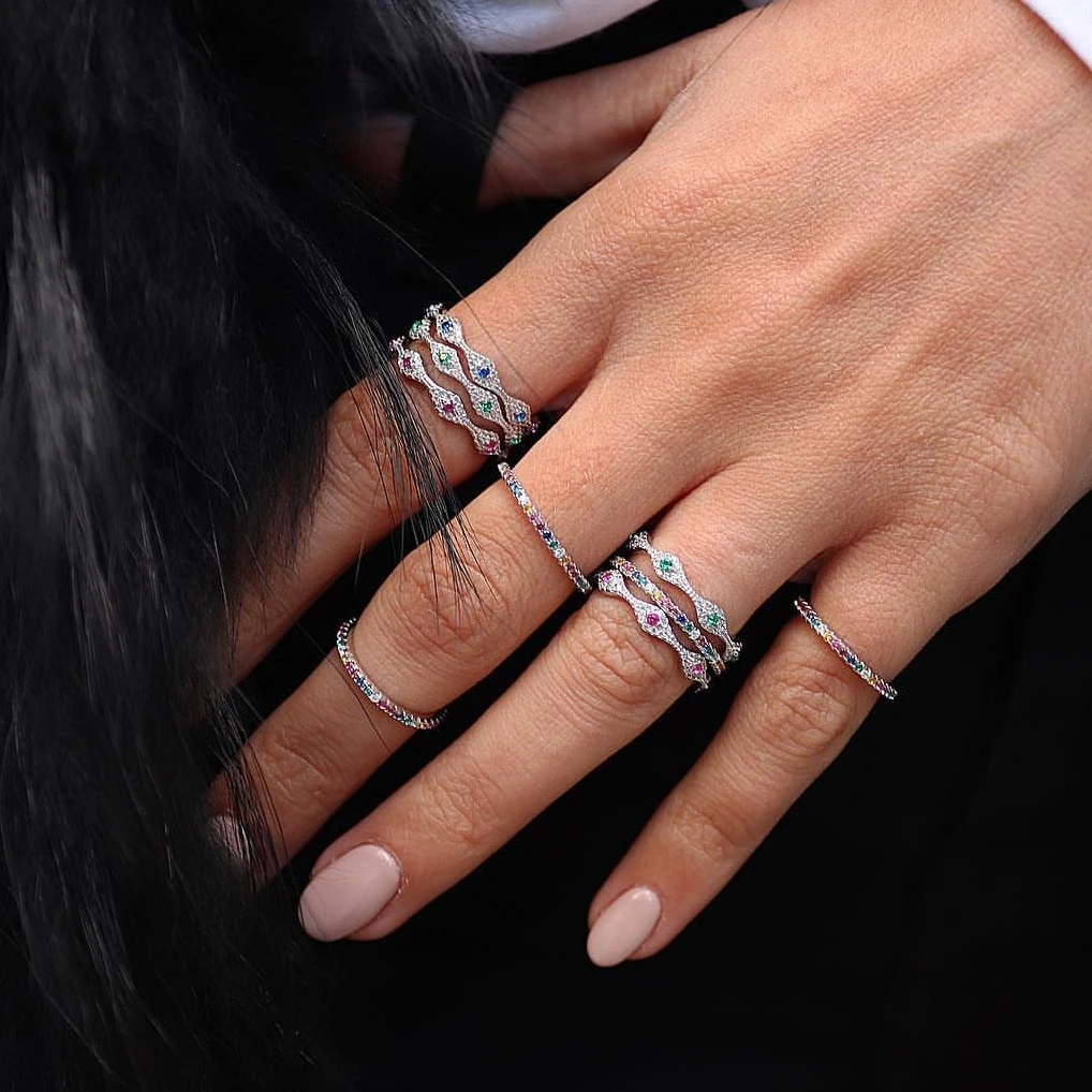 Red Green Blue Cz Turkish Evil Eye Engagement Wedding Band Rings For Lady Women Party Gifts Finger Jewelry Classic Stacking Ring