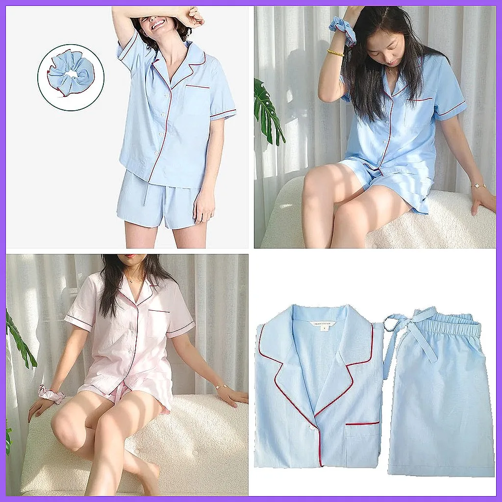 

Women's Summer Pajama Set - Cotton Short Sleeve & Shorts, Cardigan Lapel Loungewear for Sleepwear and Home Wear