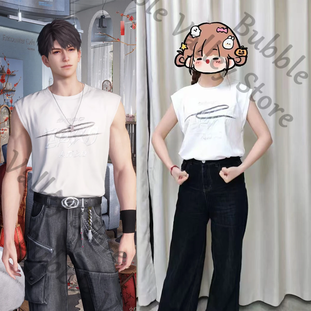 

Аниме Love and Deepspace Caleb Косплей Жилет без рукавов Костюм Мультяшная футболка с короткими рукавами Одежда Джинсовый пояс Поясная цепочка Подарок