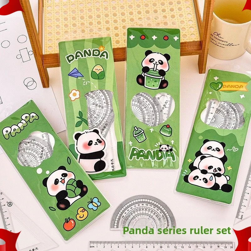 12 Sets Cartoon Panda Set Ruler Four-piece Set Student Triangular Protractor Wavy Line Ruler Suitable for Office Classrooms