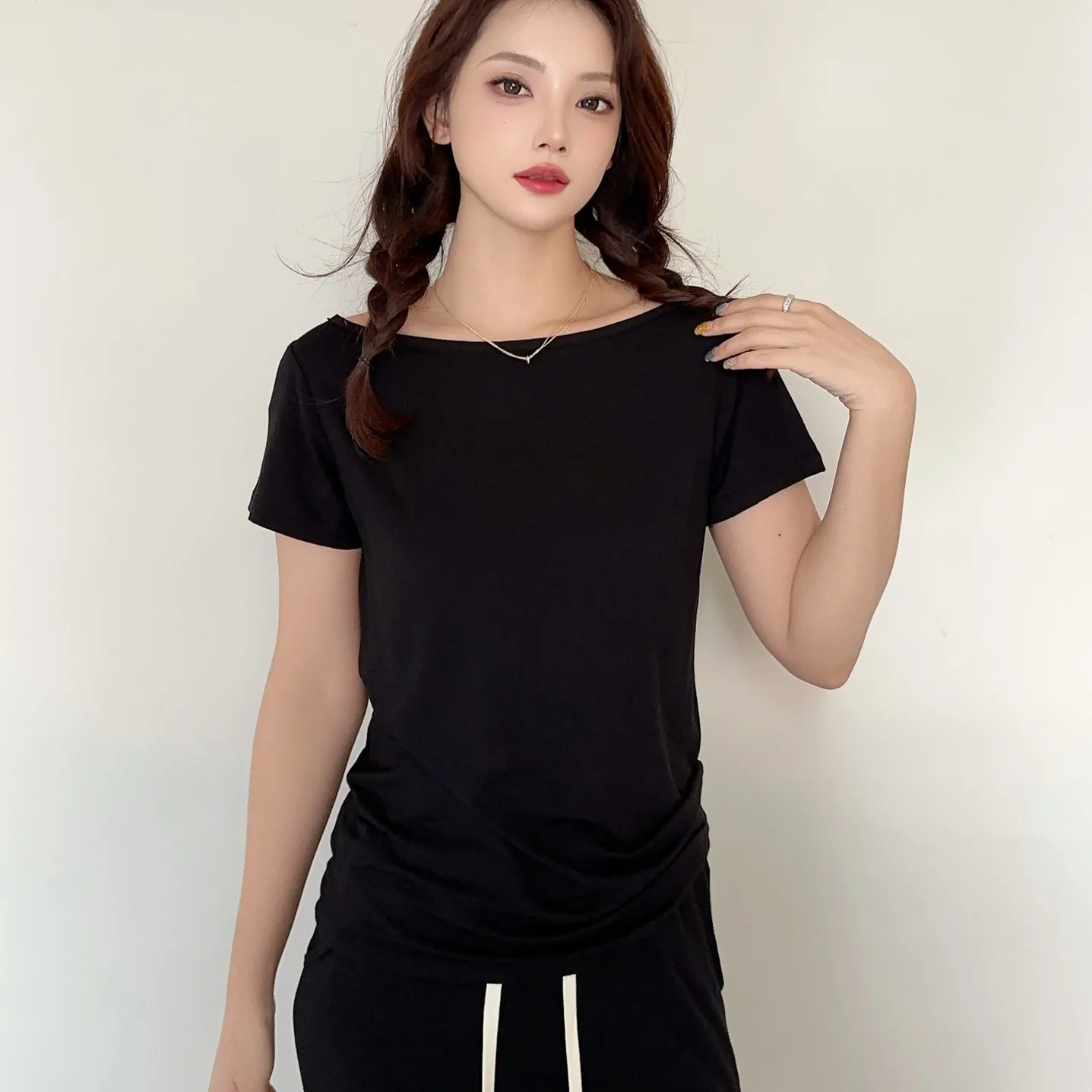 Modal short-sleeved Backless Tshirts women boat Neck off shoulder T-shirt Solid color Loose base layer Top simple Undershirts