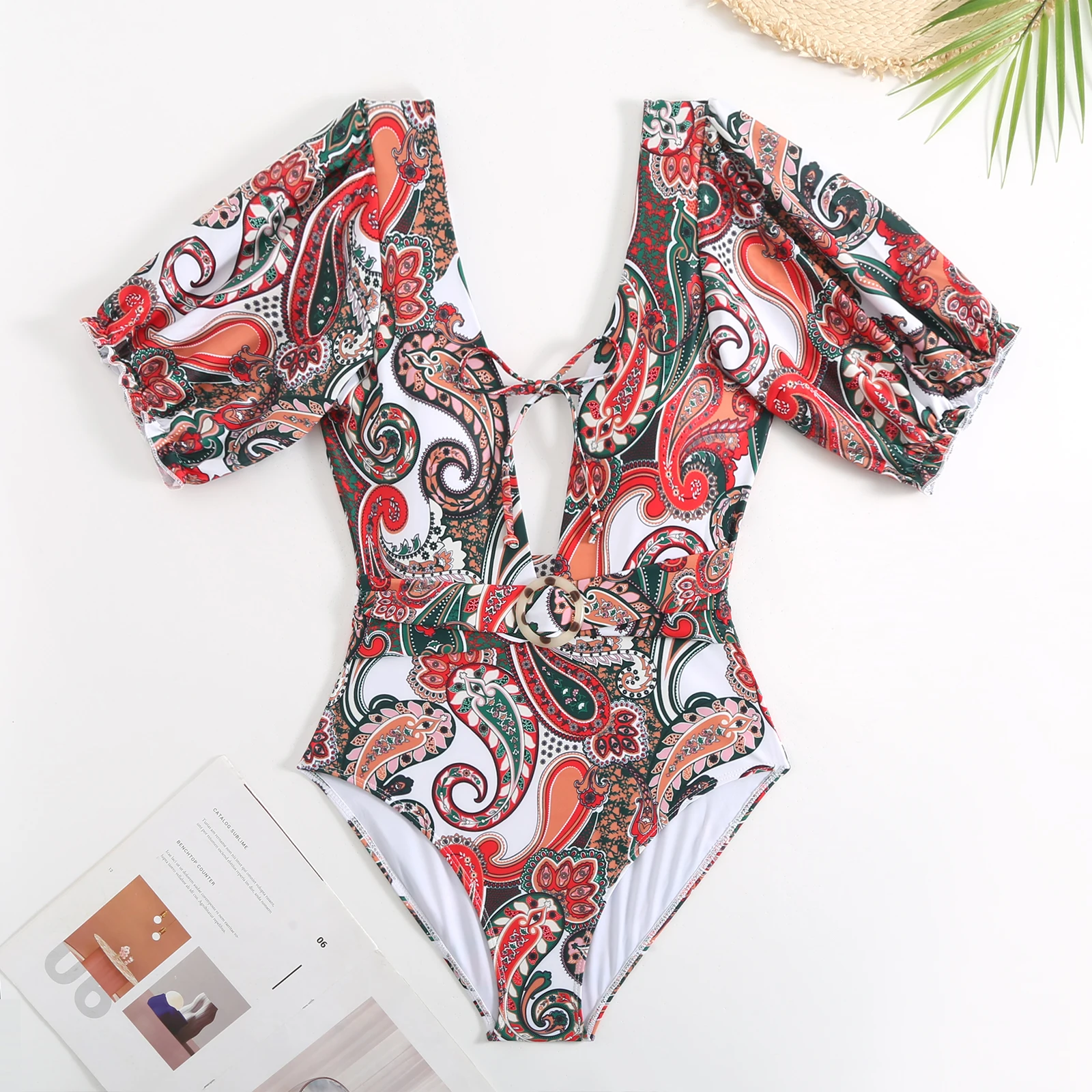 Women One Piece Swimsuit Cover Ups Ethnic Print Swimwear 2024 Summer New Beach Dress Retro V-Neck Halter Bath Suits