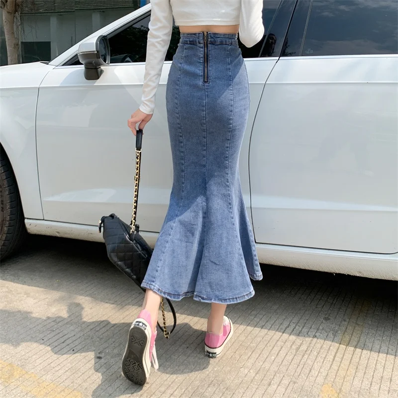 Women's A-Line Midi Skirt Spring Fashion New Design Sensation Fish Tail Denim Cotton High Waist Floral Lace Hem Commute Style