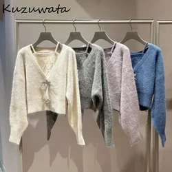 Kuzuwata New V Neck Stack Sleeve Drill Button Bow Set Cardigan Diamond Sweet Plaid Sling Japan New Moda Slim Knit Suits Sweaters