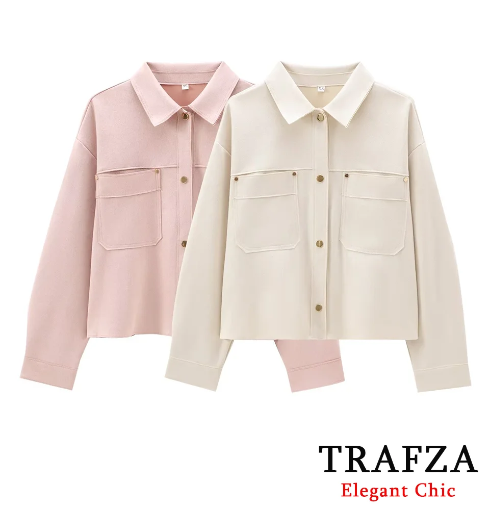 

TRAFZA-Women Fashion Jacket Coat New 2024 Autumn Casual Simple Sweet Jacket Suede Texture Lapel Buttons Jacket