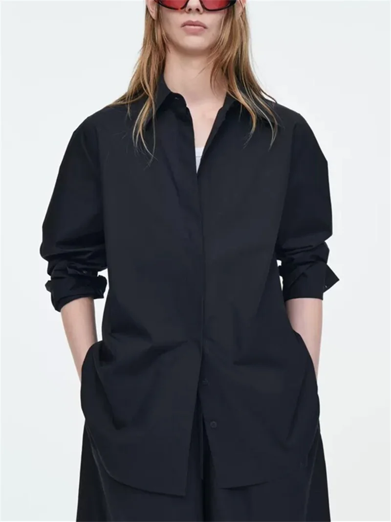 

Women's Navy Blue Shirt Long Sleeve Turn-Down Collar Loose Covered Button Ladies Casual Blouse Summer New