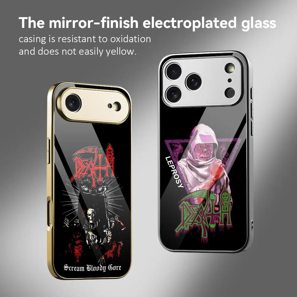 

D-DEATHS Metal Rock Phone Case For iPhone 17 16 15 14 13 12 Pro Max Plus Electroplated Metal Bumper Case Tempered Glass Back