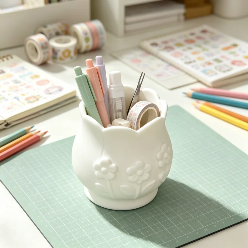 White Matte Flower Embossed Pen Holder with Petal Scalloped Edge, Large Capacity and Wide Opening Stationery Storage Container, Can Be Used as a Makeup Brush Holder, Office and Student Desktop Organizer, Dressing Table and Bedroom Countertop Small Item Organizer, Simple and Elegant Multifunctional Practical Desktop Decoration, Great Gift Item