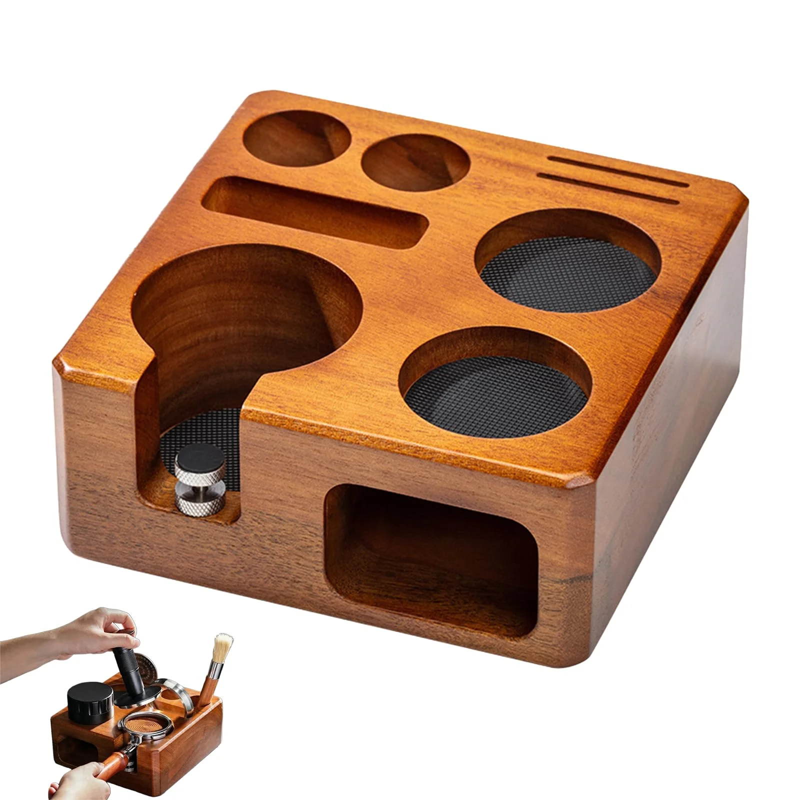 

Espresso Tamping Station, Adjustable Walnut Coffee Station Organizer Compatible with 51mm 54mm Portafilter
