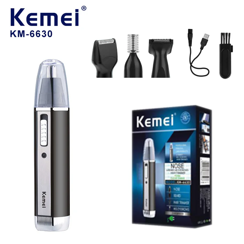 New Year Gift, Kemei 6630, 4-in-1 Grooming Kit, USB Rechargeable, Nose/Ear/Beard Trimmer, 3 Heads, Portable, Precision Groomer。