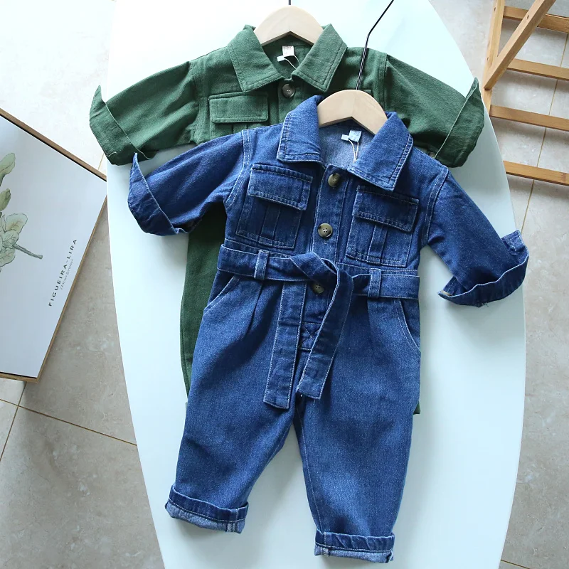 Toddler Baby Denim Jumpsuits Fashion Long Sleeve Turn Down Collar Overalls Spring Autumn Loose Boys Girls Jean Rompers