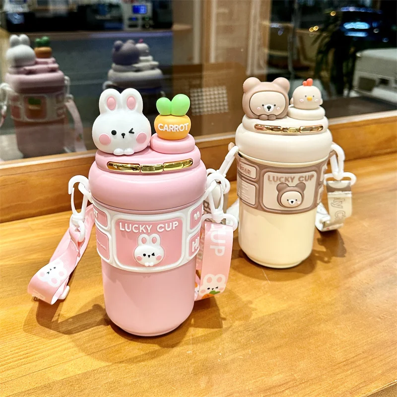 Cute Cartoon Rabbit Radish Bear Chick 550ml Straw Insulated Mug Dual Drinking Mode Cups