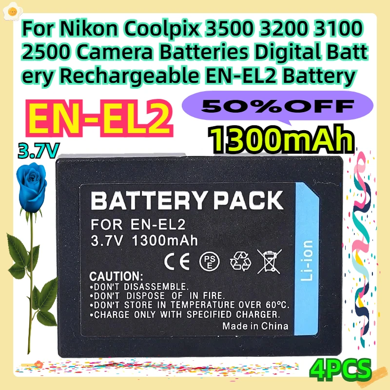 For Nikon Coolpix 3500 3200 3100 2500 Camera Batteries Digital Battery Rechargeable 1300mah 3.7V EN-EL2 Battery 4pcs