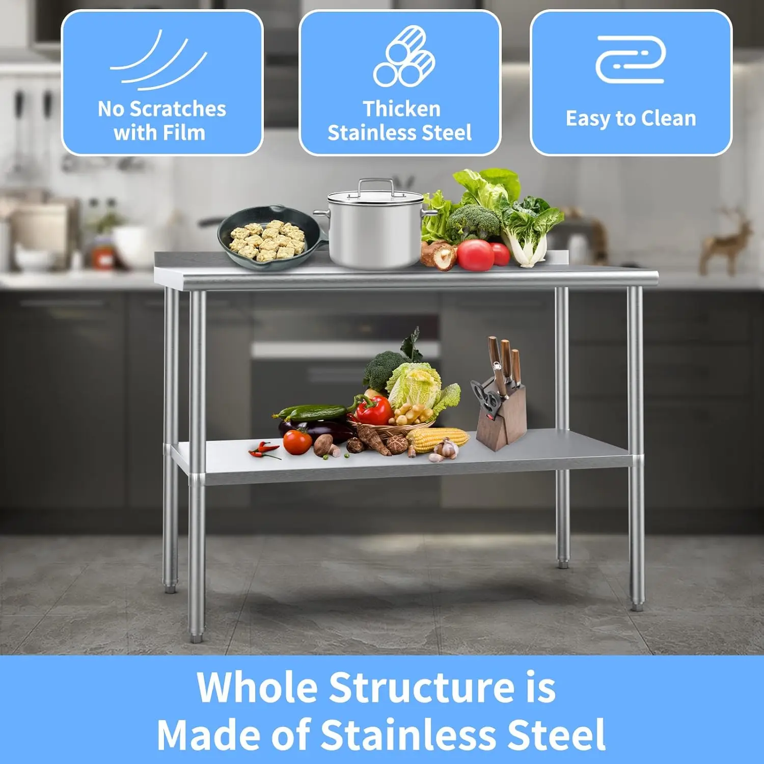 Stainless Steel Table for Prep & Work,Commercial Worktables & Workstations, NSF Heavy Duty Metal Table with Adjustable UnderShel