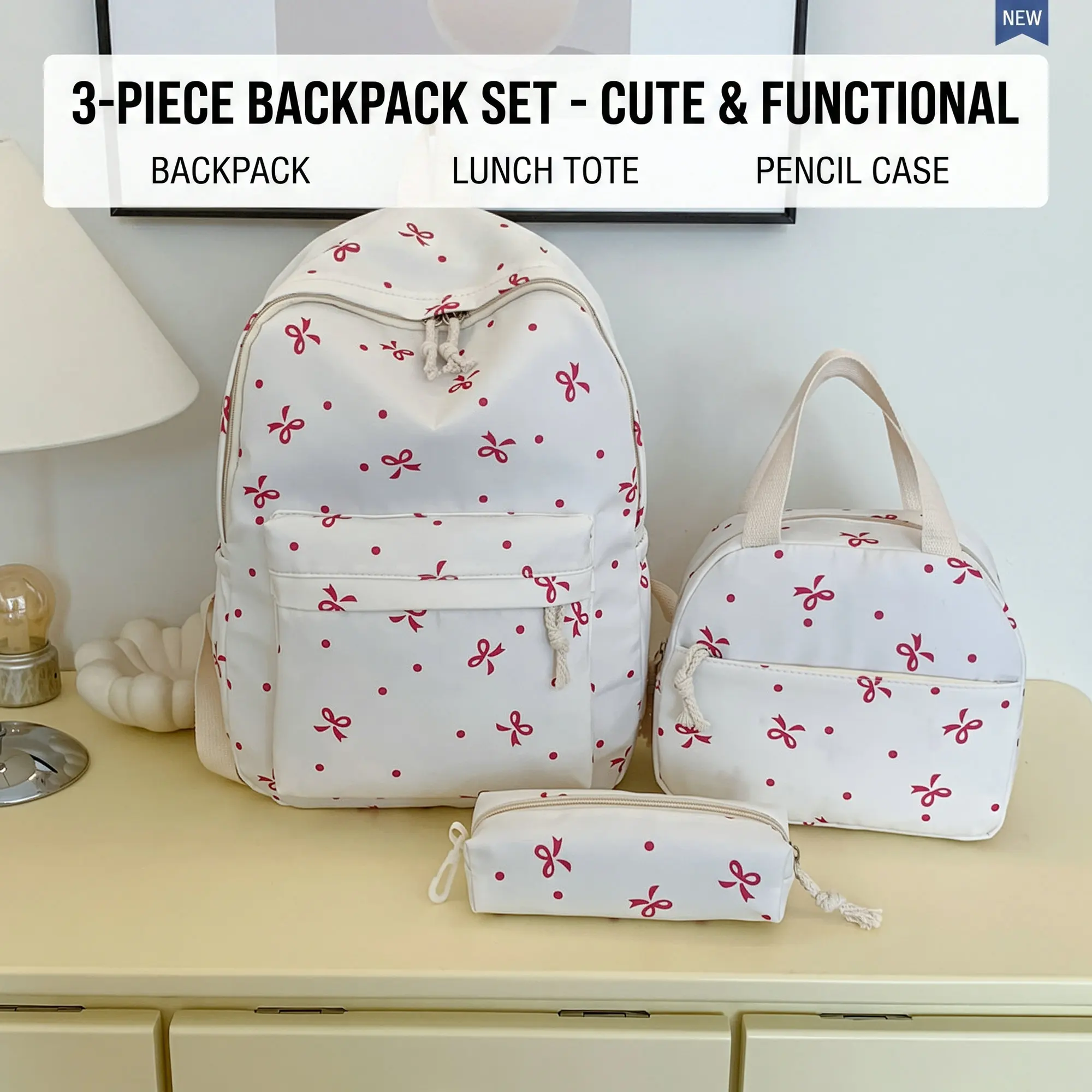 Women's Large Capacity Double Shoulder Backpack with Bow Print and Polka Dot Accents, 3-Piece Travel School Commuter Set, Multi-Purpose Storage for Daily Essentials and Lunch
