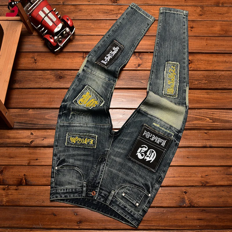 High-End Jeans Men's Autumn and Winter Fashion Ripped Patch Pu Shuai Embroidered Printed Slim Fit Skinny Stretch Pants