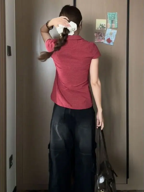 Retro Hong Kong Sle Red Ne ort Sve Plaid irt Top da donna slim fit oulder Versione coreana Estate Nuovo...