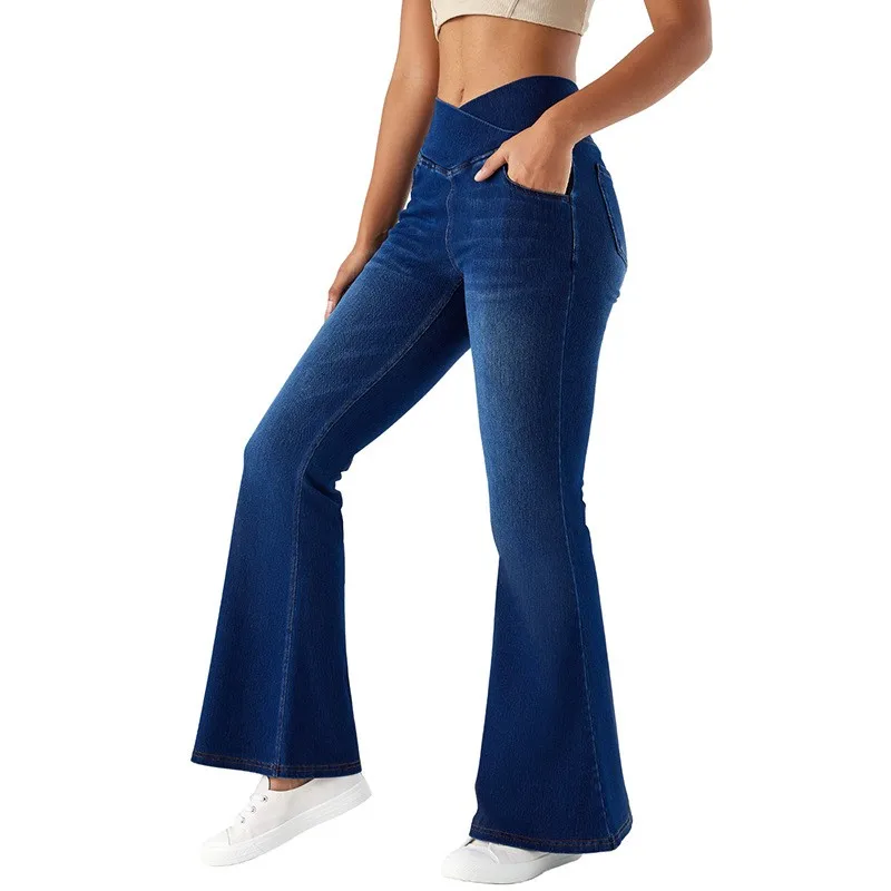 Women's Baggy Jeans Women High Waist Full Length Denim Pants Black Bell Bottom Wide Leg Denim Jeans Blue Distressed Cat Scratch