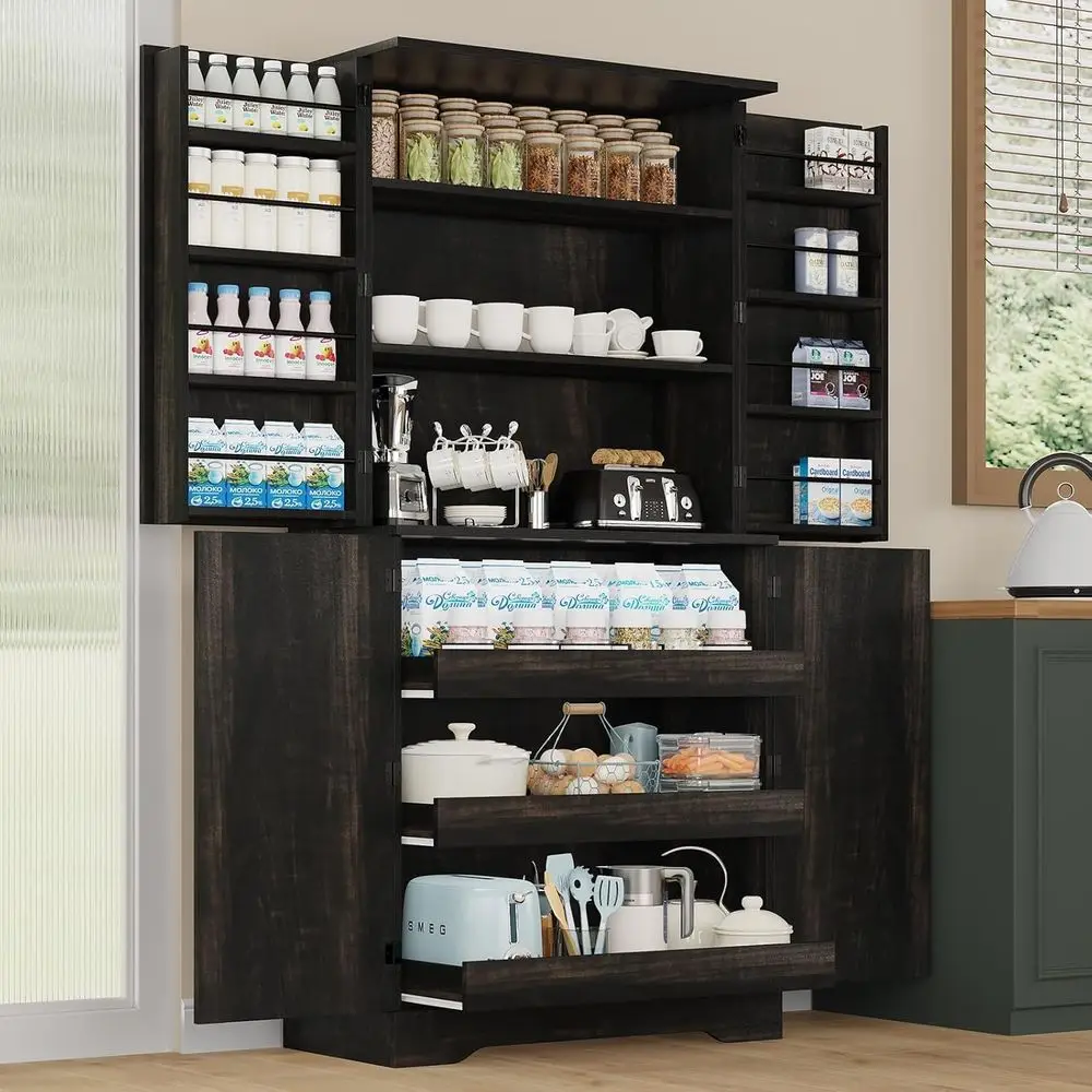 72 Inch Pantry Cabinet with Barn Door, Tall Storage Cabinet, Oak | 72 inch tall pantry cabinet provides ample veal storage space