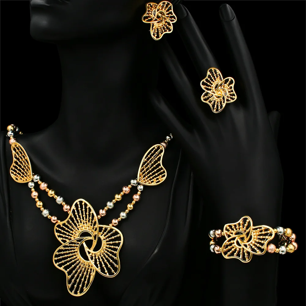 Fashion Italian Gold Plated Jewelry For Women Three-color Beads Big Necklace Set Party Banquet Jewelry Set Elegant High Quality