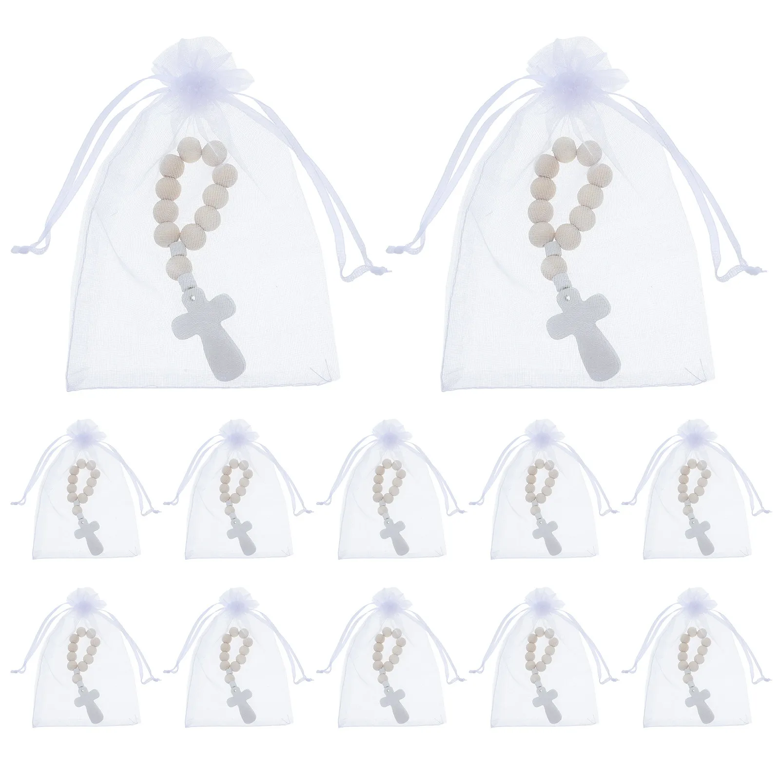 40 Sets de Pulseras de Rosario de Madera con Bolsas de Malla Blancas, Set de Recuerdo para Bautizo, Rosario para Bebé, Regalo de Primera Comunión, Cuentas de Oración Religiosas