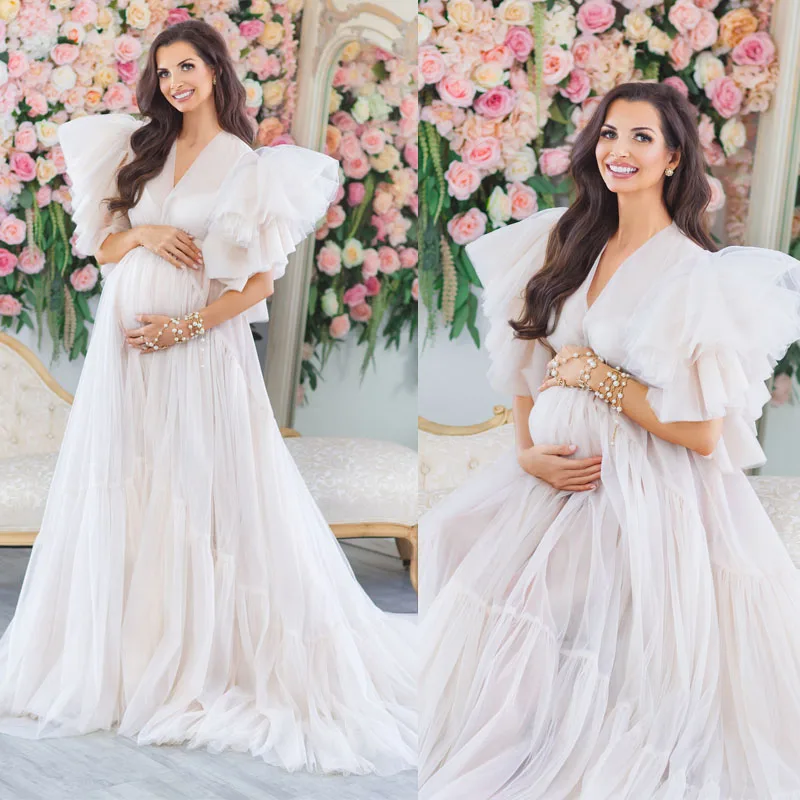 Elegant Ruffle Maternity Dress Photo Shoot Props Pregnant Woman Photography Gown Custom Made Sexy Bathrobe Sleepware