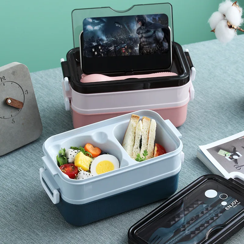 1pc 1400ml Double-layer Lunch Box Portable Compartment Food Box Microwave Lunch Box With Fork Chopsticks And Spoon Picnic Fresh image 3