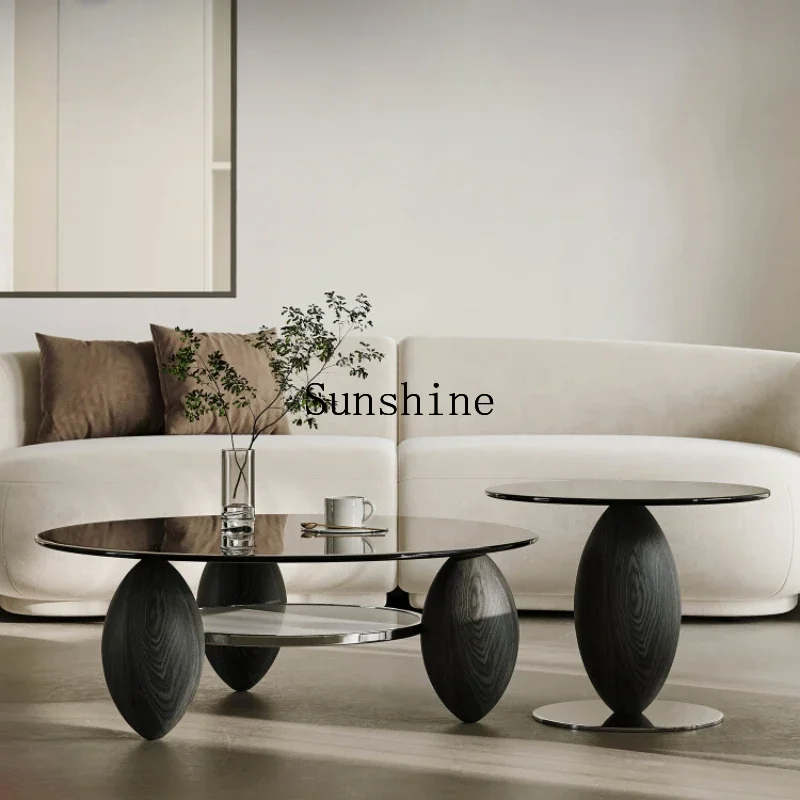 Modern simple tempered glass coffee table combination ash wood round small apartment