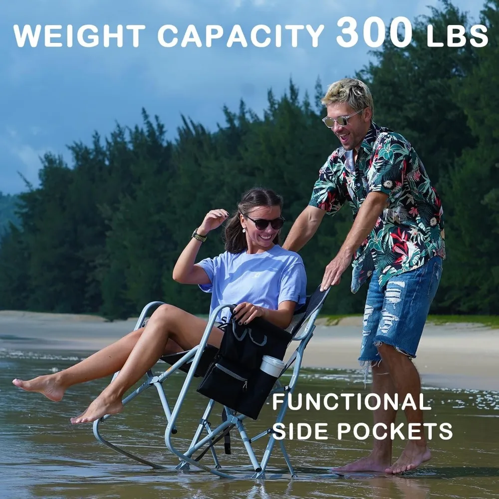 Oversized Portable Rocking Camping Chair with Cooler and Side Pocket for Outdoor Comfort