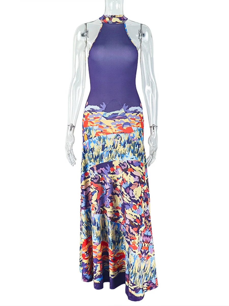 ZIML Hit Color Floral Printing Tunic A Line Dresses for Women Round Neck Sleeveless High Waist Slimming Dress Female Style New