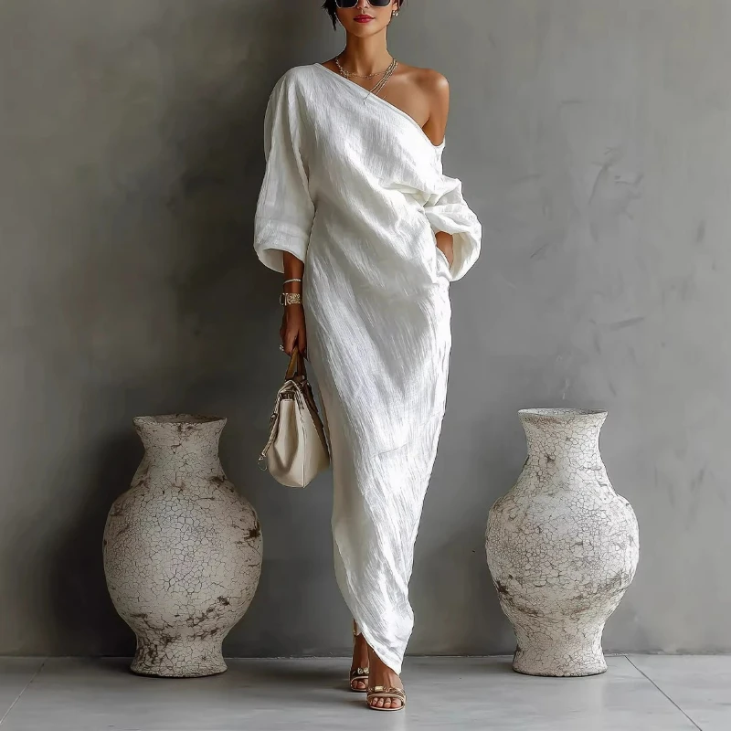 

2026 Summer New Fashion European American Women's Clothing Solid Color Irregular Single-shoulder Flowing Elegant Texture Dress