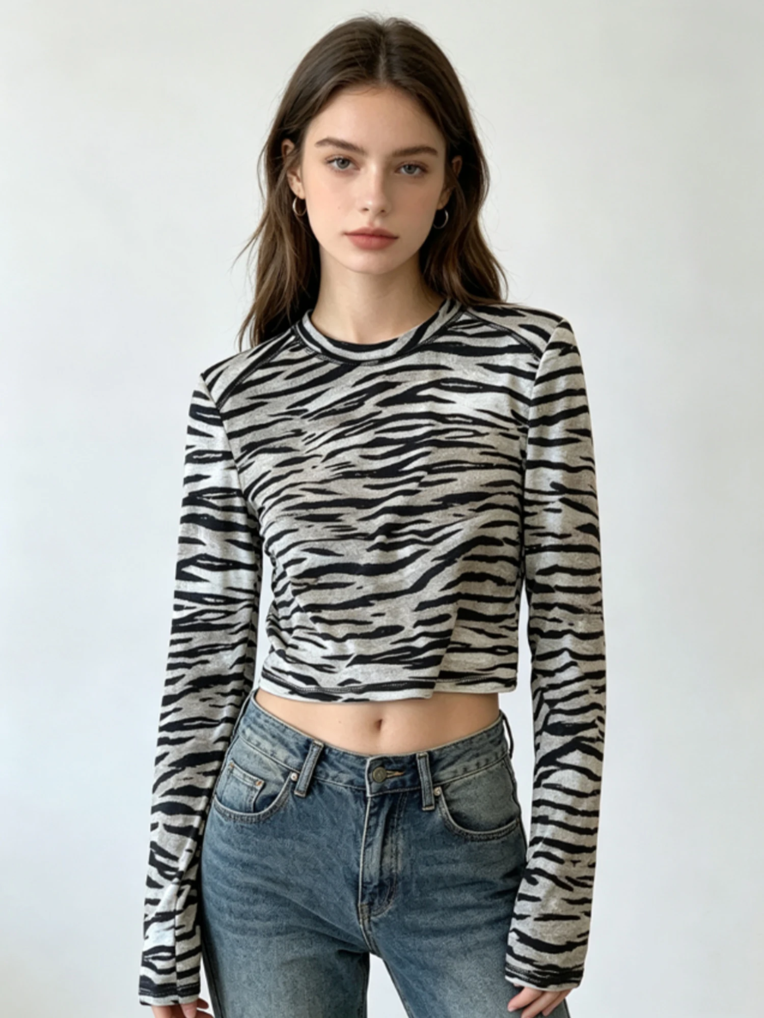 

Women's Khaki Zebra Print T-shirt Long Sleeve Crop Top Y2K Gyaru Vintage Korean Style T-shirt Slim Basic Tee Top Spring Autumn