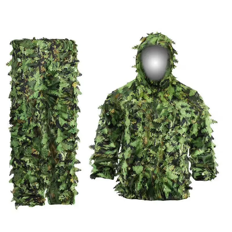 Woodland Camouflage Ghillie Suits Breathable Mesh+Green Leaf Hunter Bionic Clothes for Forest Hunting Airsotf Tactical Suit set
