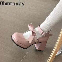 Wiosna Lolita damskie buty Mary Jane moda płytkie grube wysokie czółenka na obcasie damskie eleganckie pojedyncze buty z klamrą