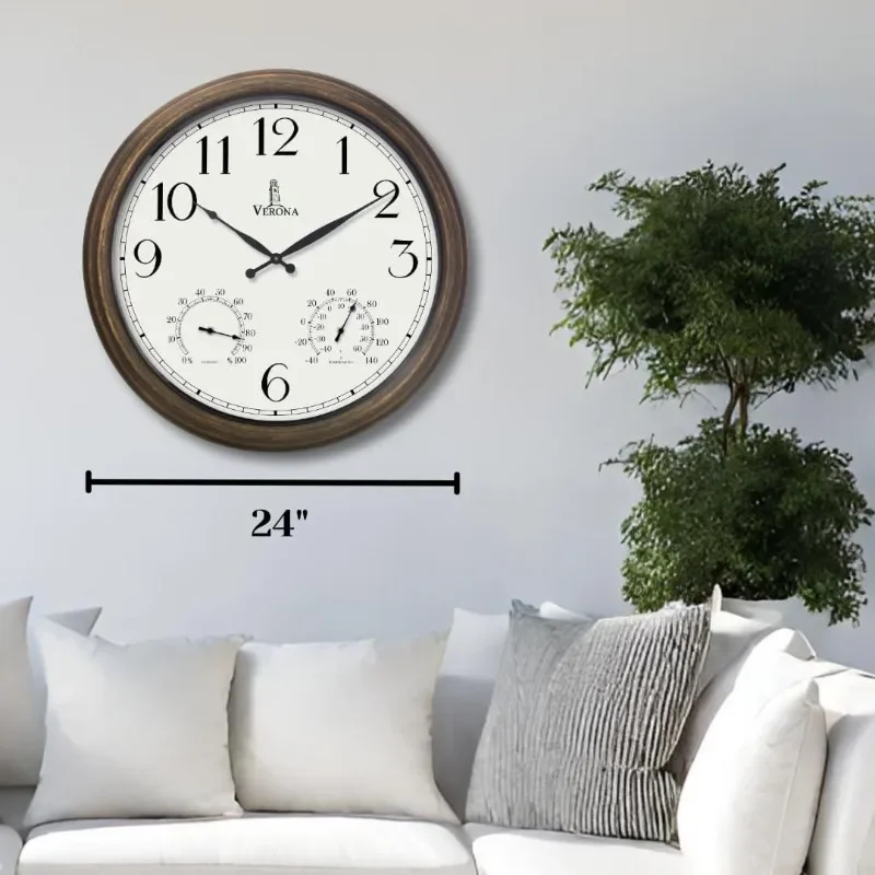 Outdoor Clocks for Patio Large Waterproof with Thermometer - 24 inch Indoor Outdoor Clock with Temperature and Humidity