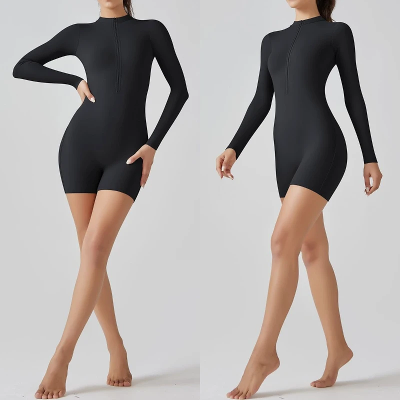 

Solid color zipper open neck tight fitting jumpsuit for sports, fitness, running, three part jumpsuit shorts, yoga suit