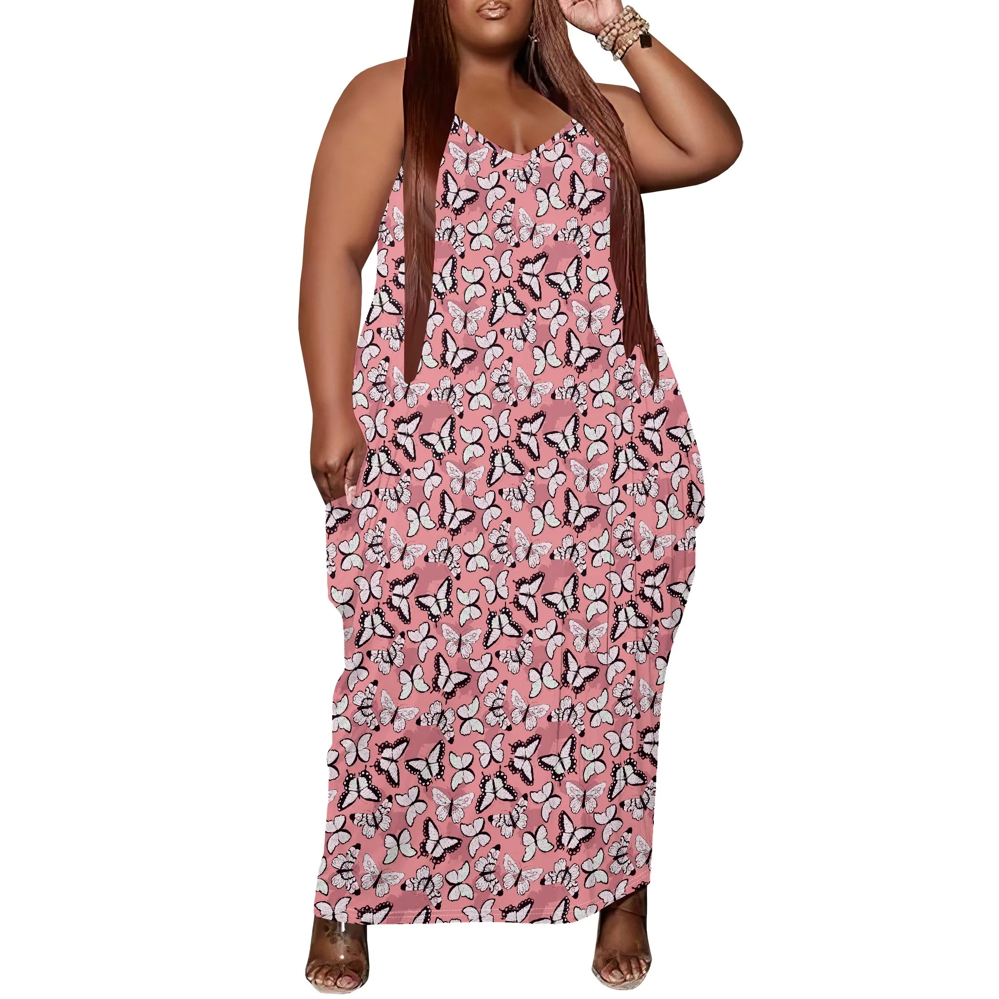 

Women's Plus Size Dress Loose Strap Maxi Dress with Pocket Breathable Bohemian Butterfly Print XL-6XL​