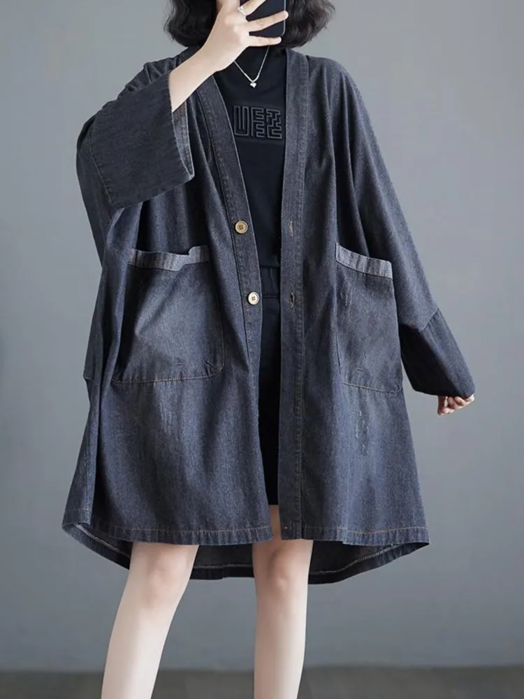 Denim Oversized Autumn Trench Coat Women Loose Ruffle Pleated Fashion Retro Ladies Jackets Long Sleeve Woman V-Neck Coats