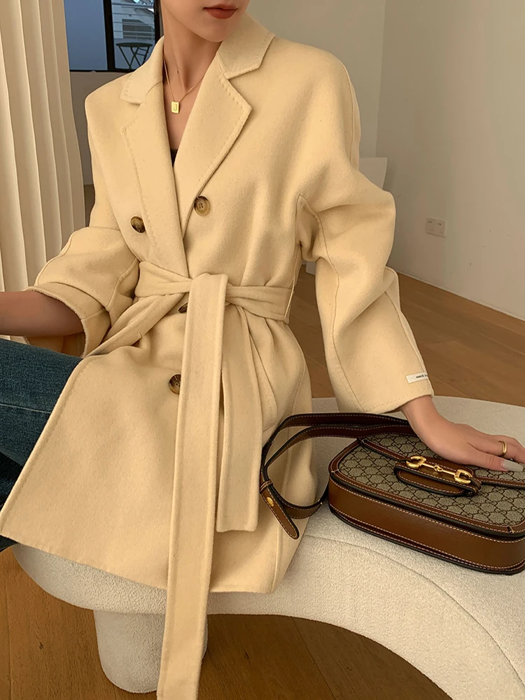 

JWUNIQUE Women's Double-Faced Woolen Suit Jaet Light Yellow Mid-Length Coat Button Design Pure Color Commute Sle Winter O...