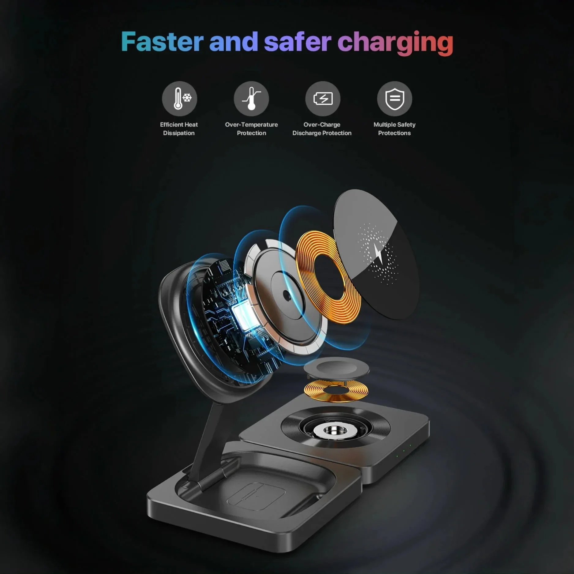 شاحن لاسلكي 3 في 1 قابل للطي شحن سريع لساعة iPhone AirPods Apple Watch بتصميم مدمج آمن